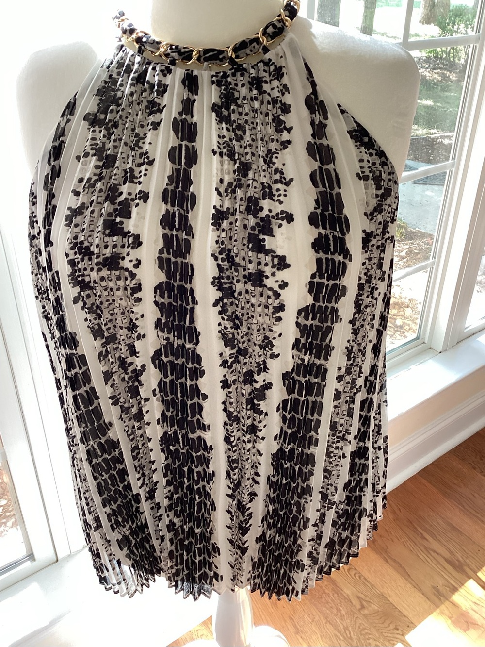 White House Black Market Black and White Pleated Halter top